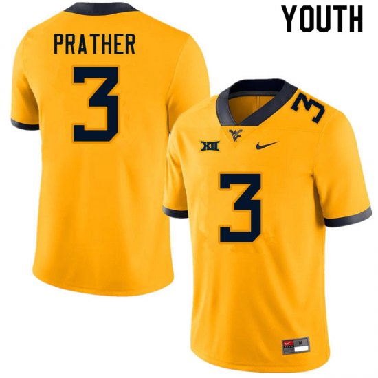 Youth West Virginia Mountaineers NCAA #3 Kaden Prather Gold Authentic Nike Stitched College Football Jersey KP15D35UB